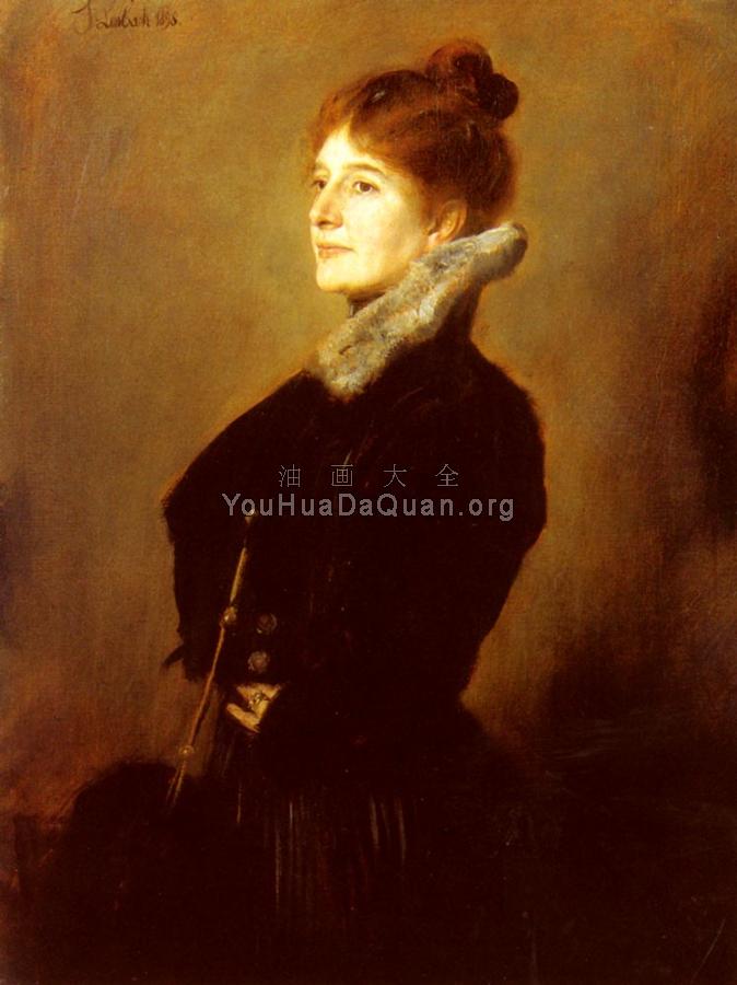 Portrait Of A Lady Wearing A Black Coat With Fur Collar - 弗朗茨·冯·伦巴赫